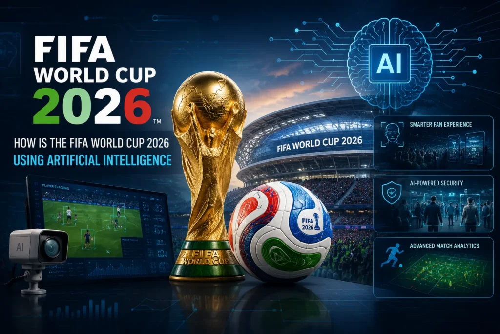 AI-powered FIFA World Cup 2026 concept featuring the World Cup trophy, a soccer ball, and digital technology elements representing artificial intelligence in football.