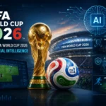 AI-powered FIFA World Cup 2026 concept featuring the World Cup trophy, a soccer ball, and digital technology elements representing artificial intelligence in football.