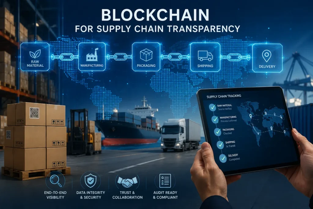 Blockchain for supply chain management connects raw materials, manufacturing, packaging, shipping, and delivery through transparent digital tracking.