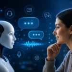 Humanoid AI robot communicating with a woman, showing conversational AI in action.