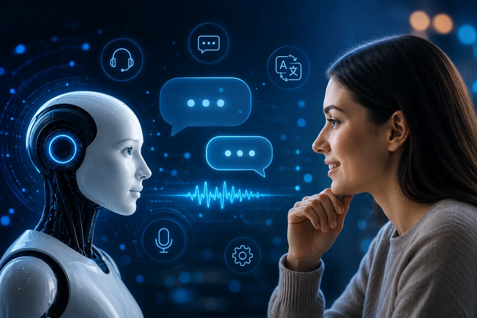 Humanoid AI robot communicating with a woman, showing conversational AI in action.
