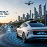 Future of self-driving cars shown through an autonomous vehicle driving on a smart city highway.