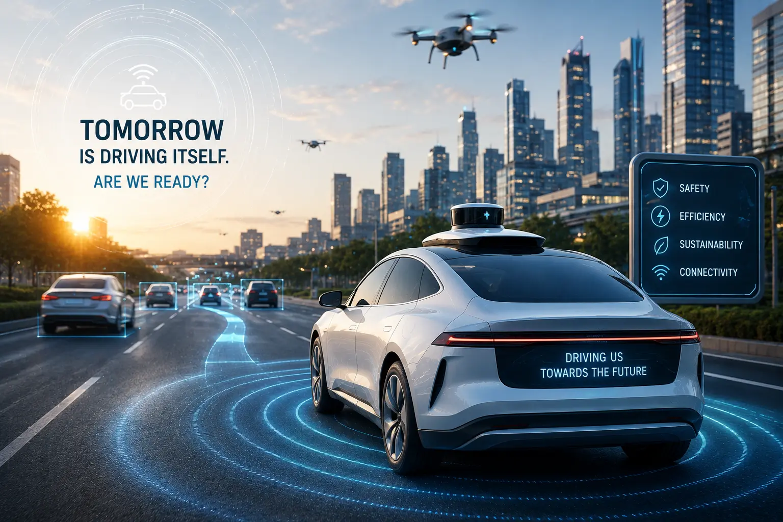 Future of self-driving cars shown through an autonomous vehicle driving on a smart city highway.