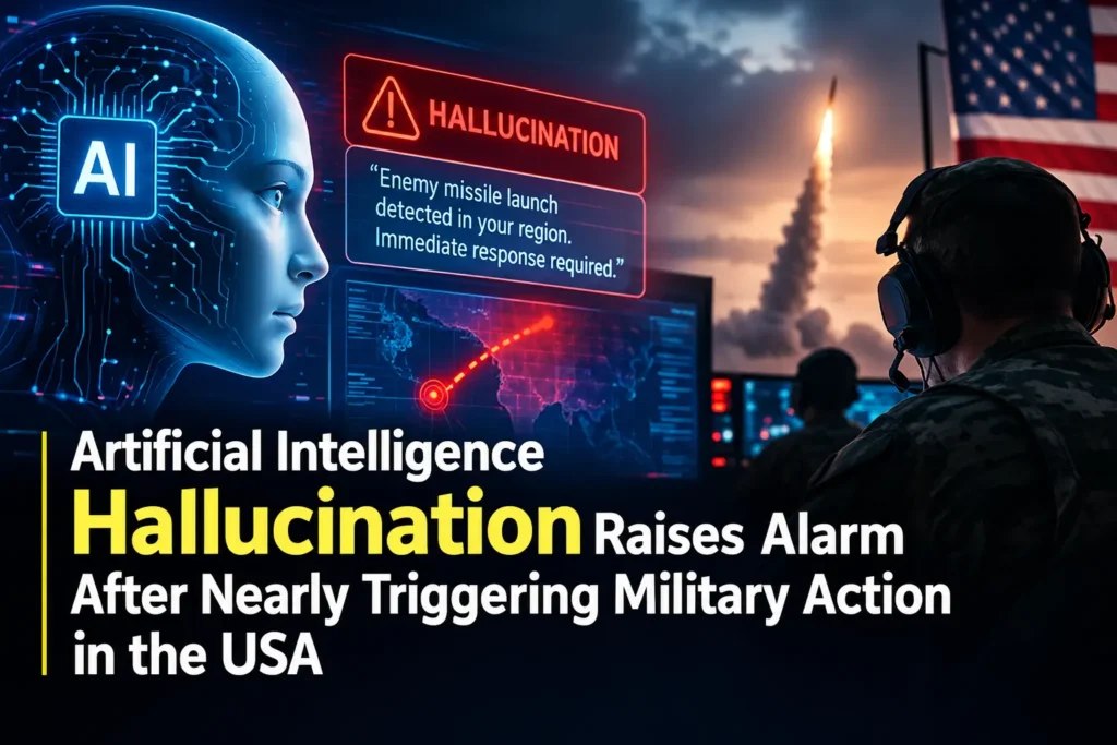 Artificial Intelligence hallucination warning displayed in a military control room, with a digital AI face, missile threat radar, a military operator, and a U.S. flag.