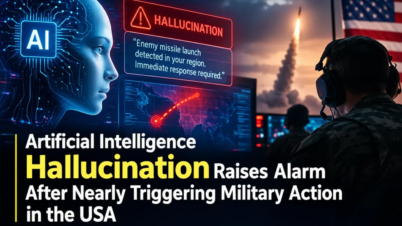 Artificial Intelligence hallucination warning displayed in a military control room, with a digital AI face, missile threat radar, a military operator, and a U.S. flag.