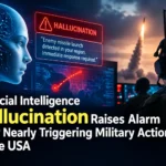 Artificial Intelligence hallucination warning displayed in a military control room, with a digital AI face, missile threat radar, a military operator, and a U.S. flag.