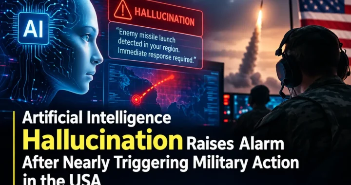 Artificial Intelligence hallucination warning displayed in a military control room, with a digital AI face, missile threat radar, a military operator, and a U.S. flag.