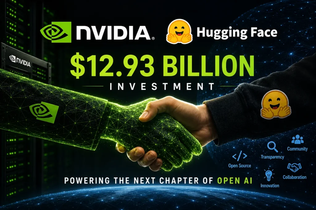 NVIDIA acquires Hugging Face for $12.930,300,000. The partnership is represented in the image by a digital handshake.