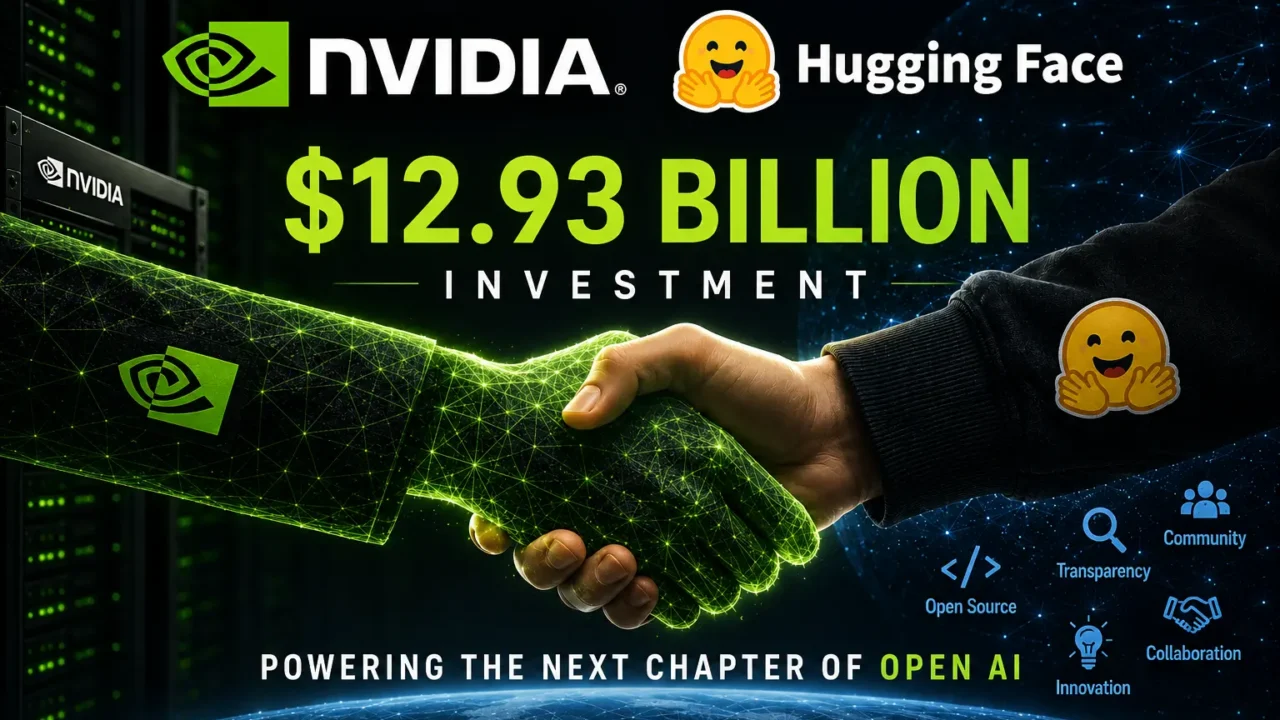 NVIDIA acquires Hugging Face for $12.930,300,000. The partnership is represented in the image by a digital handshake.
