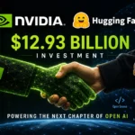 NVIDIA acquires Hugging Face for $12.930,300,000. The partnership is represented in the image by a digital handshake.