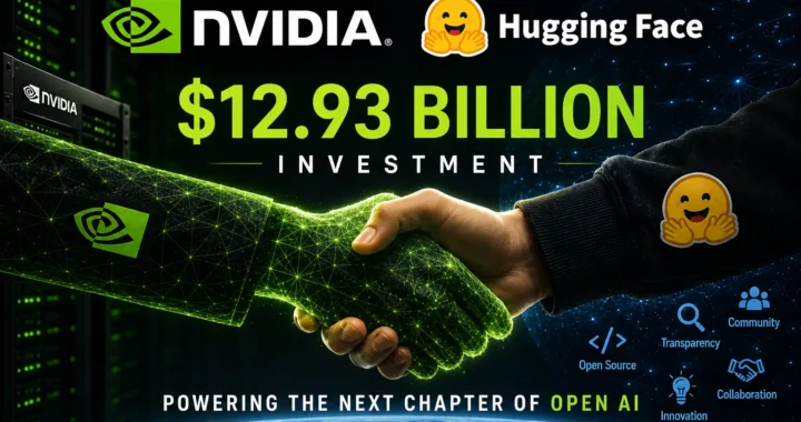 NVIDIA acquires Hugging Face for $12.930,300,000. The partnership is represented in the image by a digital handshake.