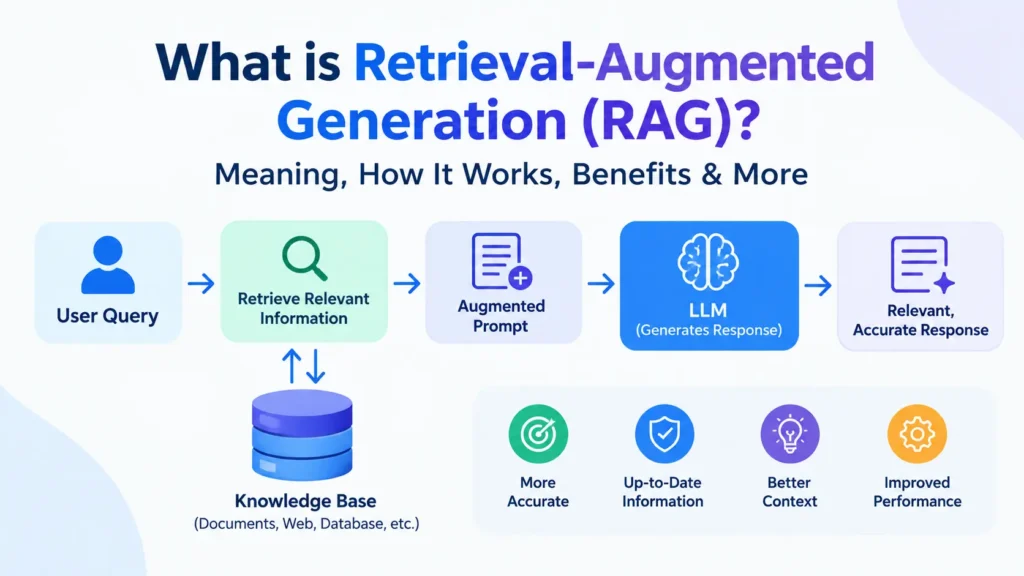 Retrieval-Augmented Generation (RAG) workflow showing how user queries, knowledge bases, retrieved information, and LLMs produce accurate responses.